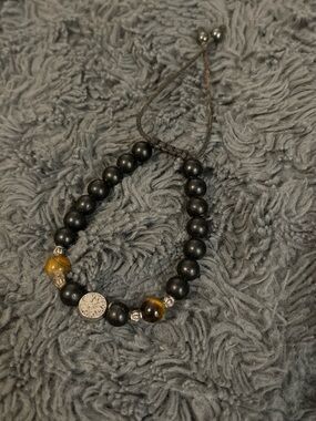 Men's Black Beaded Bracelet with Brown Tiger Eye Accents